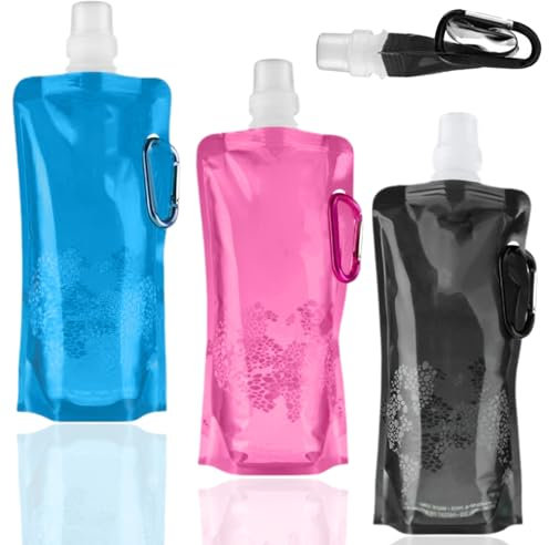 3 Bottiglie Pieghevoli, 500ML Pieghevole Bottiglia Flessibile Riutilizzabile, Portatile Borraccia Morbida, Con Moschettone per gli Sport all'aria Aperta, i Viaggi, il Ciclismo e l'escursionismo