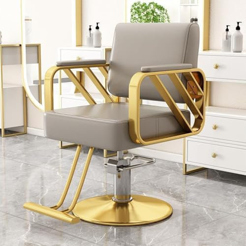Professioneller Salonstuhl, hydraulische Pumpe, um 360 Grad drehbar, Friseurstuhl für Haarstylisten, Grau / Gold