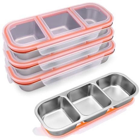 Modixun Bento - Recipientes para aperitivos con tapas a prueba de fugas, 3 compartimentos, reutilizables, acero inoxidable 304, caja de almacenamiento de alimentos, paquete de 4