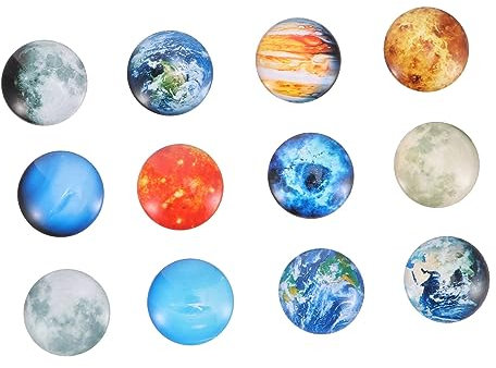 OFFSCH 12pcs Glass Refrigerator Magnet Sticker Set, Gemstone Planet round Fridge Magnets for Kitchen and Freezer Decoration
