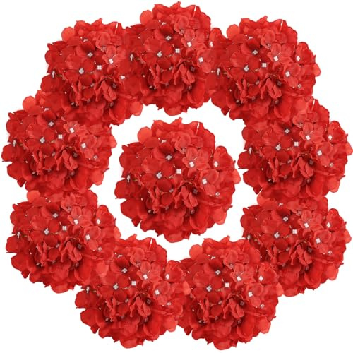 Auihiay 10 Stück Künstliche Hortensien Kunstblumen, Hortensien Kunstblumen für Hochzeitsdeko Tischgestecke, DIY Sträuße, Brautparty, Blumendeko Heimdekoration mit Stielen - Rot | Für Hochzeits-Mittelstücke, selbstgemachte Blumensträuße, Brautparty, Blumendekoration, Heimdekoration mit Stielen