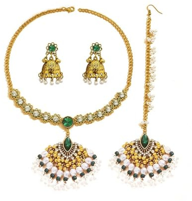 Ensemble De Bijoux Indiens Pour Les Femmes Bollywood Strass Antique Jhumka Gland Tenue De Mariage Pendentif Collier Boucles d’Oreilles Mariée Accessoires De Fête De Fantaisie Traditionnel (vert)