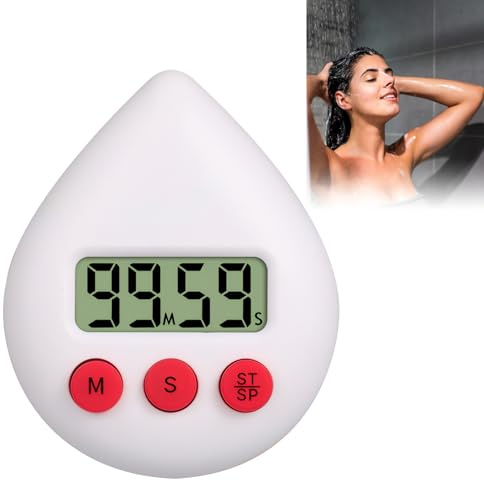 Digital Shower Timer Waterproof Shower Timer Digital Bathroom Clock Drop Shape LCD Display Suitable for School Study Kitchen Cooking Shower (White)