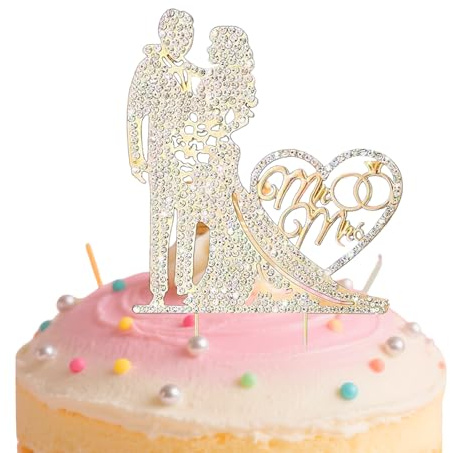Mr and Mrs Wedding Cake Topper, Wedding Cake Toppers Bride and Groom, Gold Rhinestone Decorations for Engagement, Proposal, Party, Wedding, Birthday