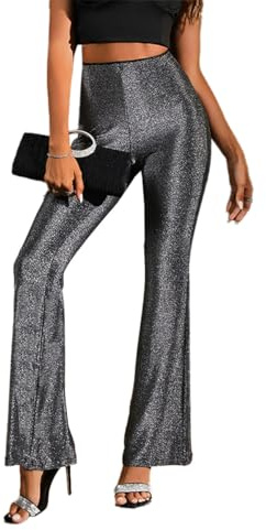 EMOTTOS Pantalon évasé Femmes été Coupe Slim Tissu élastique pailleté Taille Haute Extensible Paillettes Filles Festival Tenue soirée léger Confortable Vintage élégant Noir Scintillant, M
