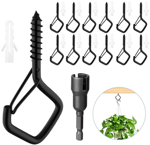 NAMIS 12 Stück Schwarze Schraubhaken, Deckenhaken,Schraubhaken Edelstahl, Haken Zum Schrauben mit Sicherung, für Pflanzen, Blumentöpfe, Deko Lichter und Tassen,Blumenampel
