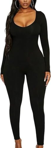 Sukiglam Jumpsuit for Women UK Long Sleeve Scoop Neck Jumpsuits Ladies Low Cut Unitards Slim Fit Going Out Romper Casual Overall Yoga Outfits Fashion Workout Playsuits Stretchy Gym Sets Daily Wear