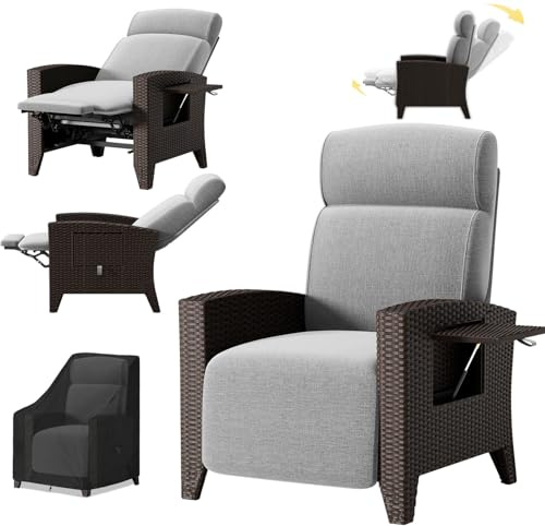 YOIZO Sillon Relax Reclinable de Ratán, Sillones Jardin Exterior Tumbona Jardin, Tumbonas Jardin Exterior con Funda, Sun Lounger con Respaldo Regulable, para Interior Terraza y Patio (B-Izquierda)