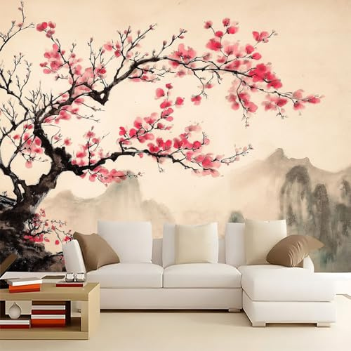 Papel Pintado Panorámico Árbol de flores rosas pintado en tinta 200x140 cm Fotomurales No Tejido, Murales Decoración Póster Pared Personalizado 3D Para Salón Dormitorio