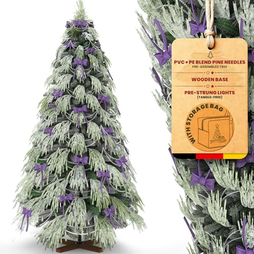 Huracan Árbol de Navidad artificial con nieve, 150 cm, árbol de Navidad artificial realista con base de madera, ramas densas y festivas, con adornos y bolsa de almacenamiento, verde