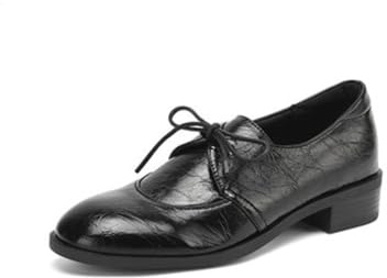 Mocasines de Cuero PU con Cordones para Mujer, Tacones Bajos y Gruesos, Zapatos Planos Redondos Cerrados, Zapatos de Vestir cómodos, Zapatos de Oficina Casuales,Negro,35 EU