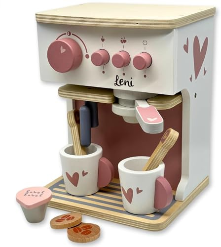 Personnalisable Machine à café en Bois Rose – avec Accessoires & Boutons rotatifs – pour Enfants dès 3 Ans – personnalisée avec prénom – Label Label