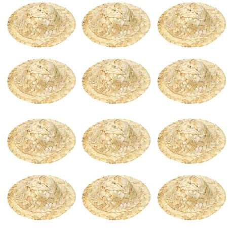sourcing map 12 mini sombreros de paja de 4.3 pulgadas, sombreros de paja en miniatura para casa de muñecas, mini vaquero, lindo gorro tejido para manualidades, decoración de disfraces, accesorios de