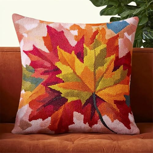 Henypt Stickkissen Mit Muster Bunte Herbstblätter Kreuzstickpackung Vorgedruckt Sticksets Für Erwachsene,Anfänger,Kreuzstichkissen/Stickkissen-Set 45x45cm