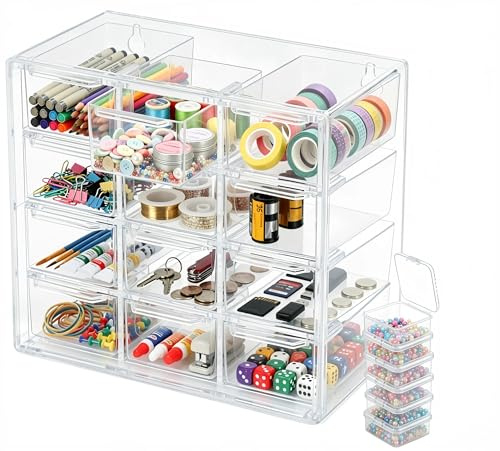 ASOUUNLD Boite de Rangement Tiroir Transparent, Organiseur de Bureau avec 12 Mini Tiroirs Organisateur Tiroir Empilables avec 6 Mini Boîte de Rangement pour Petites Pièces, Bijoux, Perles, Outils