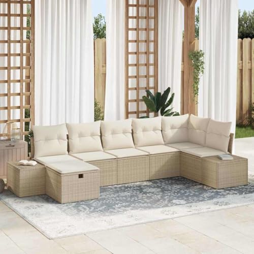 Frdhee Sonnenliege Außencouch,Garten-Sofa-Set 7 pcs Beige 55 x 62 x 69 cm Poly Rattan,Eckbankgruppe für Innen und Außen