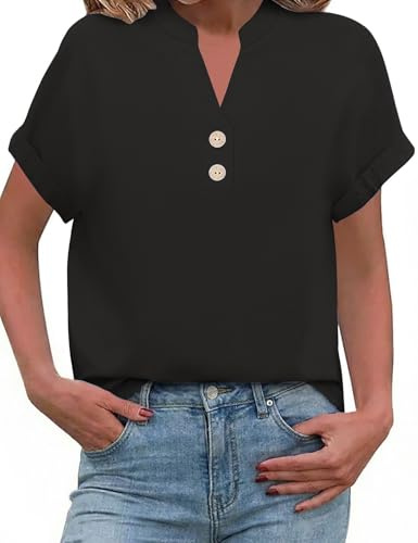 PASUDA Camicia Estiva Donna Blusa Lino Elegante Camicetta Manica Corta Camicia Scollo a V Button Down Camicia Tinta Unita Classico Top Estive T Shirt(Nero,S)