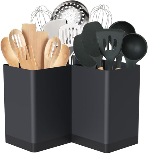 Suli Porte-ustensiles, organisateur d’ustensiles de cuisine pour le plan de travail d’angle, organiseur de couverts extra grand avec 3 compartiments, décoration de ferme, fer en fer, noir