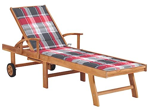 Tomostar Bain de Soleil, Chaise Longue Jardin Extérieur Transat pour Piscine avec Coussin à Carreaux Rouge Bois de Teck Solide