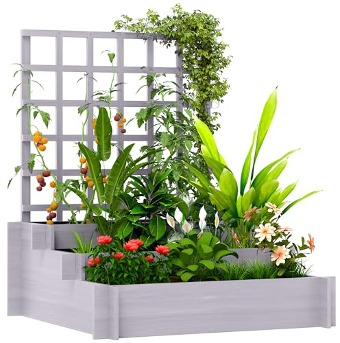 Outsunny 3 Tier Raised Garden Bed with Trellis, Grey | Wooden Raised Beds, for Garden Patio, Outdoor Planter Box, for Vegetables, Flowers, Herbs, Vine Climbing