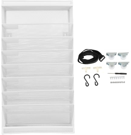Desk Side Storage Bookshelf, Iron Mesh 9 Tier Movable Hangable Wall File Organizer with Multiple Compartments and Universal Wheels, for Office Household School