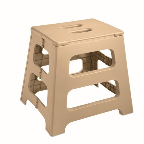 Taburete plegable para niños y adultos, hasta 120 kg, revestimiento antideslizante con práctica asa, extremadamente ligero, 39 cm de alto, plástico, color azul petróleo o beige (beige)