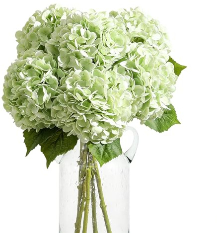 3er Set Künstliche Hortensien Blumen, 66cm Große Latex Hortensie mit Echtes Touch, Lebensnahe Täuschend Echte Blume für Zuhause Hochzeit Brautstrauß Tischdekoration Wohnzimmer Garten Deko (Hellgrün)