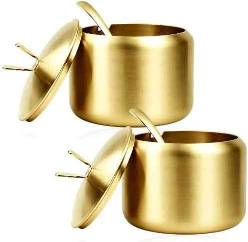TIANLIN 2 Piezas 430 ml Azucarero en Acero Inoxidable 304, Saleros de Cocina con Cuchara, Contenedor de Azúcar Asa Mariposa, Salero Cocina Multifunción Dorado, para Cocina, Comedor, Cafetería