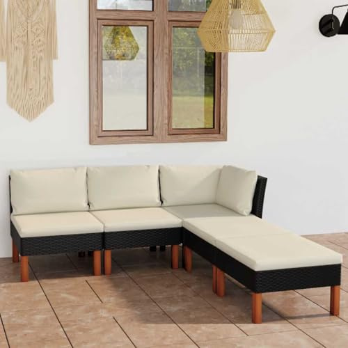 HGBNMER 5-teiliges Garten-Lounge-Set mit Kissen, Poly Rattan Lounge-Set schwarz, pulverbeschichteter Stahlrahmen mit PE-Rattan, Beine aus massivem Eukalyptusholz, dick gepolsterte Kissen