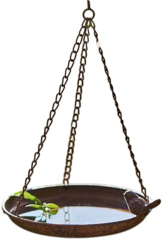 Loberon Vogeltränke Britta, Vintage-Flair, mit Ziervögelchen, mit Kette zum Aufhängen, Gartenzubehör, Gartendekoration, Vogelbad, Eisen, antikbraun