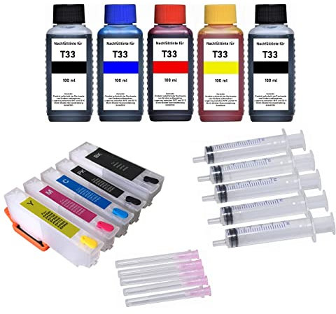 Wiederbefüllbare Druckerpatronen T3351 + T3361, T3362, T3363, T3364 + 500 ml Nachfülltinte kompatibel mit Epson Expression Premium XP-530, XP-540, XP-630, XP-635, XP-640, XP-645, XP-830, XP-900