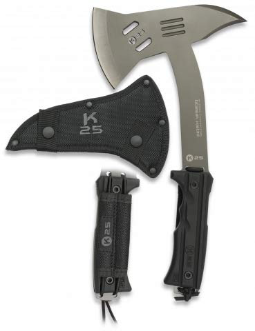 Hacha K25 Color Negro Total 31,5 cm para Caza, Pesca, Camping, Outdoor, Supervivencia y Bushcraft K25 32023 + Portabotellas de regalo