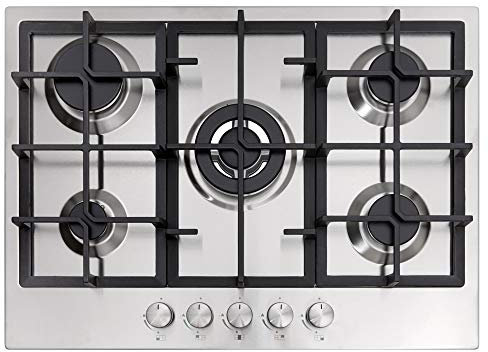 Cookology GH705SS 70cm Cooktop Burner Gas Hob in Stainless Steel - 5 Cooking Zones - Cast Iron Pan Supports - Wok Burner - Automatic Ignition Dials - Flame Failure safety