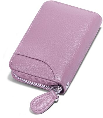 Womens Credit Card Holder Small RFID Blocking Ladies Wallet with Stainless Steel Zipper Excellent Genuine Leather Accordion Wallets Case for Women ID Compact Slim Blocked Zip Accordian Cards Purple