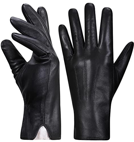 Harssidanzar Leder handschuhe für Damen,Winter Kaninchenfell gefütterte weiche Echtlederhandschuhe KL027EU, Schwarz, Größe S