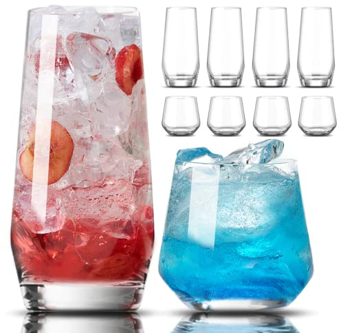 Mfacoy Drinking Glasses Set of 8-4 Tall Glass Cups 18 oz & 4 Short Stemless Wine Glasses 13 oz, Highball Glasses, Glassware Sets for Cocktail, Beer, Wine, Whiskey, Water & Juice Drinkware