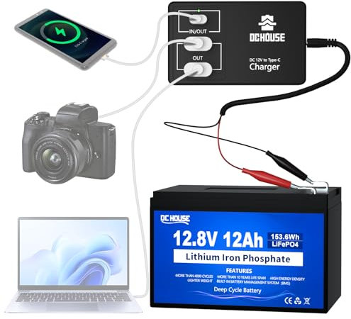 DCHOUSE 12V 12Ah LiFePO4 Lithium Batterie mit DC 12V zu Typ-C & USB Batterie Adapter Konverter,BMS-Schutz für Wohnmobil, Golfwagen, Rasenmäher, Solar Panel, Kinderauto, Camping