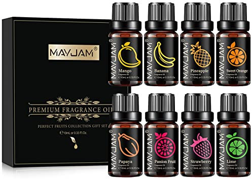 MAYJAM Juego De Aceite Perfumado De Fruta 8 X 10 Ml, Aceritas Fragantes Para Aceite Esencial Difusor - Naranja Dulce, Fresa, Mango, PiñA, Papaya, Lima, Pratano, Malacuya