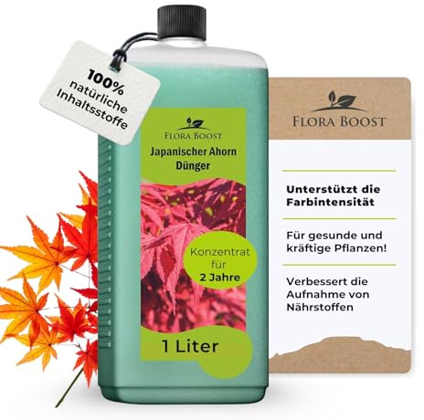 Konfitee Japanischer Ahorn Dünger Flora Boost 1000ml I Für bis zu 200L Gießwasser I Dünger für Ahorn Baum & Sträucher I Flüssiger Blatt- & Wurzeldünger I 100% natürlicher Pflanzendünger