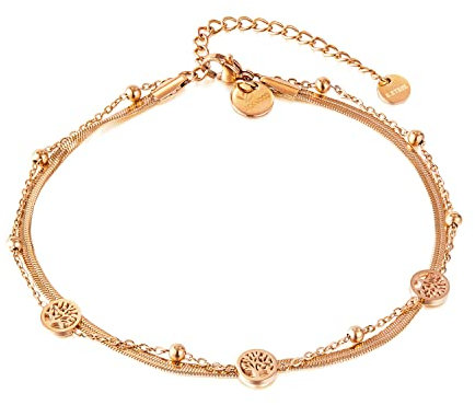 VICKWOOD Damen Fußkettchen Lebensbaum Armband aus Edelstahl Kette bis 30cm Lang 18K Vergoldung Wasserfest in Gold/Rose Gold/Silber Geschenk für Frauen (F.Ketten_R.Gold)