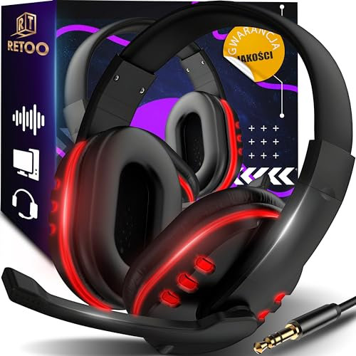 Retoo Gaming Casque, Casque avec câble pour PS4, PS5, PC, Xbox, Casque Gamer avec Microphone, Casque Filaire avec Microphone, 18 cm x 18,5 cm x 7 cm, Noir-Rouge