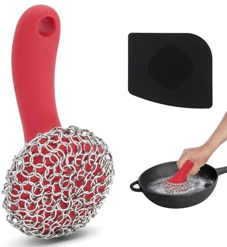 Cast Iron Scrubber with Long Handle | 316 Cast Iron Cleaner Chainmail Scrubber for Cast Iron Pan Skillet Cleaner - Dish Scouring Pad Dishwasher Safe Cleaning Kit (Red, 1 Scrubber + 1 Scraper) | 316 Cast Iron Scrubber for Pan Skillet, Dishwasher Safe Cleaning Kit (Red, 1 Scrubber + 1 Scraper)