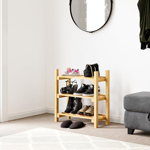 [en.casa] Schuhregal Keuruu Schuhablage Holz Schuhaufbewahrung für 6 Paar Schuhe Schuhständer mit 3 offenen Ablagen Naturfarben 60 x 60 x 25 cm