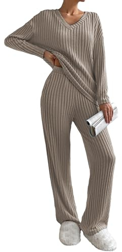 Famulily Set Pigiama Donna Abbigliamento da Notte, Completi Donna a Costine 2 Pezzi Loungewear Set Tute da Tempo Libero Abbigliamento Casa Scollo a V Maglioni Maniche Lunghe e Pantaloni a Gamba Larga