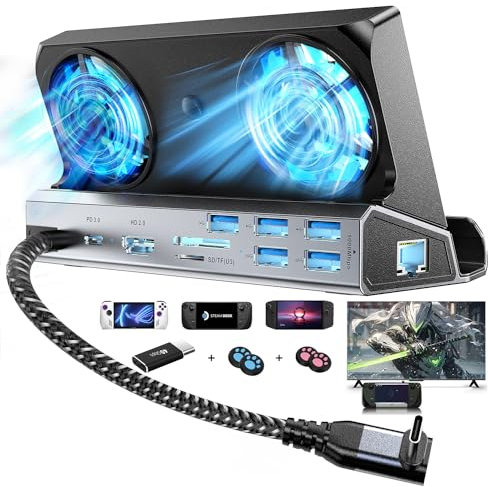 YCE - Ventiladores de refrigeración duales 10 en 1, estación de acoplamiento de cubierta de vapor con HDMI 2.0, 5 puertos USB, 1000 Mbps, ranura SD/TF, USB-C 100 W PD, adaptador de 40 Gbps para Steam