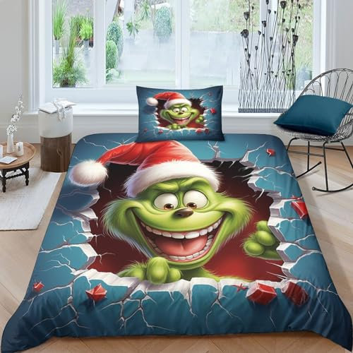 ITOMEN Weihnachts-Grinch Für Kinder Mädchen Jungen Bettwäschegarnitur Bettbezug Set 3D Gedruckter Weihnachten Und Kissenbezüge Bettwäsche Reissverschluss Weich Microfaser 2 Teilig Single（135x200cm）