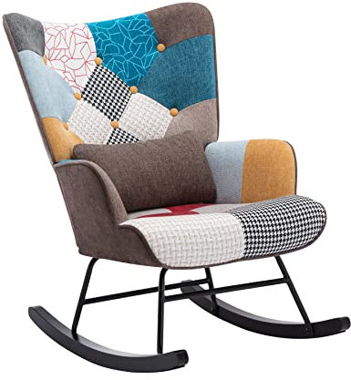 Matomn Schaukelstuhl Sessel Patchwork mit Metallgestell und Holzsockel Skandinavischer Schaukelsessel Retro Sessel Wohnzimmer Relaxstuhl Polstersessel für Schlafzimmer Hotel Braun