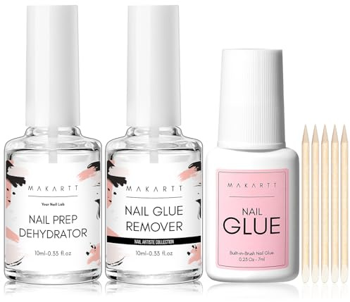 Makartt Nail Glue Set mit Nagelkleber Entferner und Dehydrator, Professionell für Nagelspitzen Fälschte Nägel