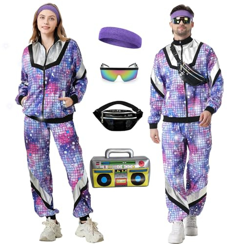 Ezuwail 80er 90er Jahre Outfit Herren Damen, Kostüm 80s Tracksuit Disco Jacke und Hose, 80s 90s Retro Anzug Jogging Anzug Unisex mit Gürteltasche Brille für Bad Taste Party, Karneval