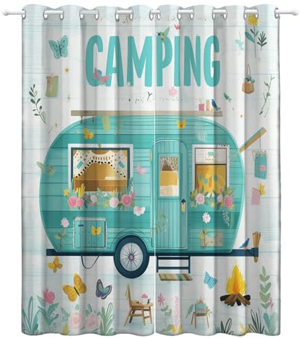 Bedruckte Verdunkelungsvorhänge mit Ösen Bunt, Cartoon-Zeichnung Eines Wohnmobils Blickdicht Thermo Isoliert Vorhänge, Privatsphäre Schützende Gardinen für Schlafzimmer Wohnzimmer 183x214 cm